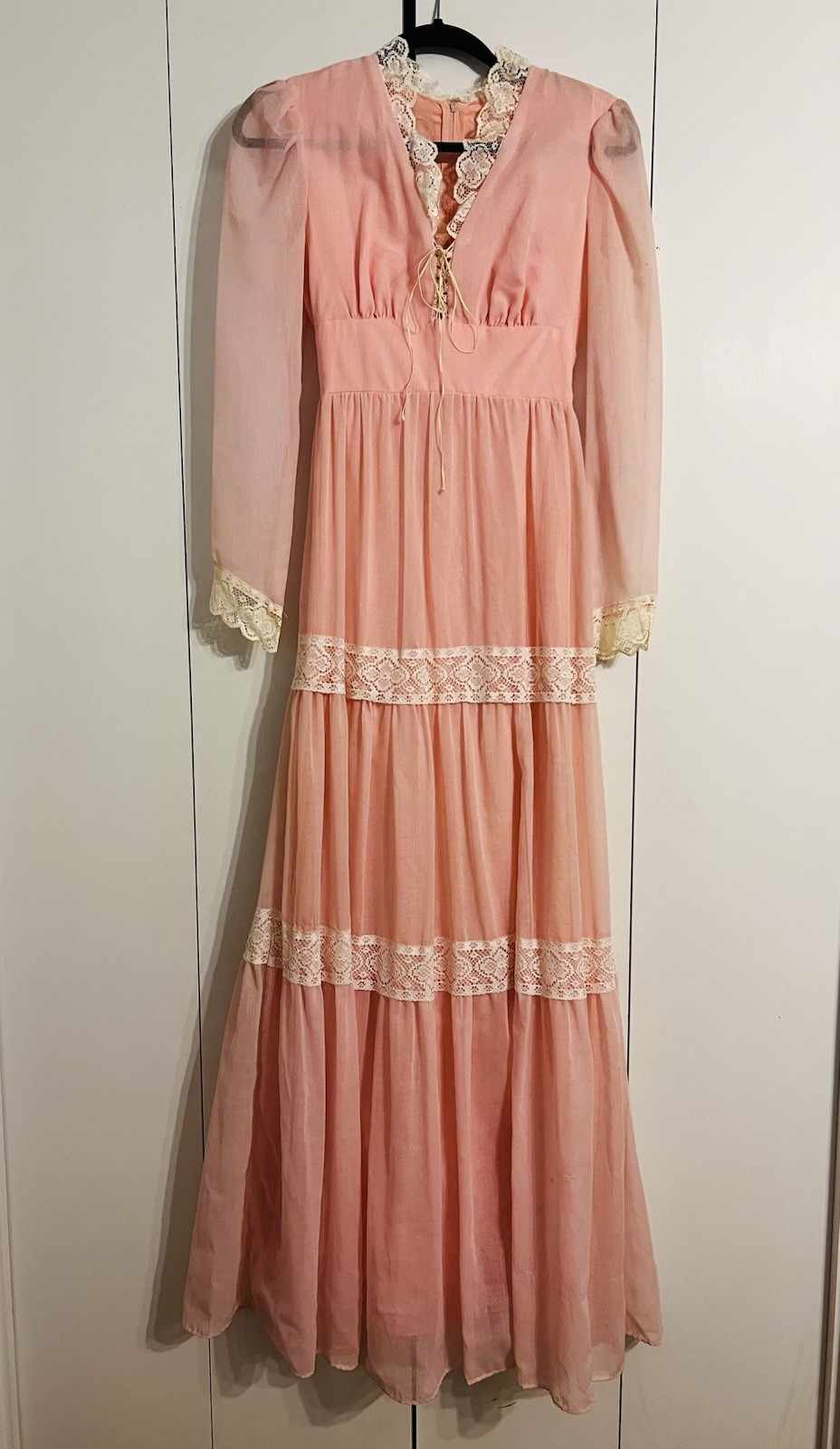 VTG 70s Roberta California Pink Prairie Lace Maxi Dress Boho Cottagecore Size 9