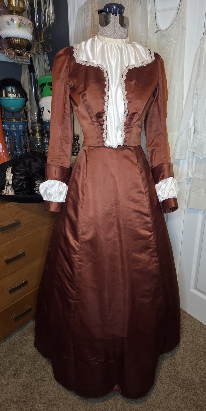 Victorian Copper Silk Blend Walking Suit w/ Ivory Taffeta Inserts & Pearl Trim