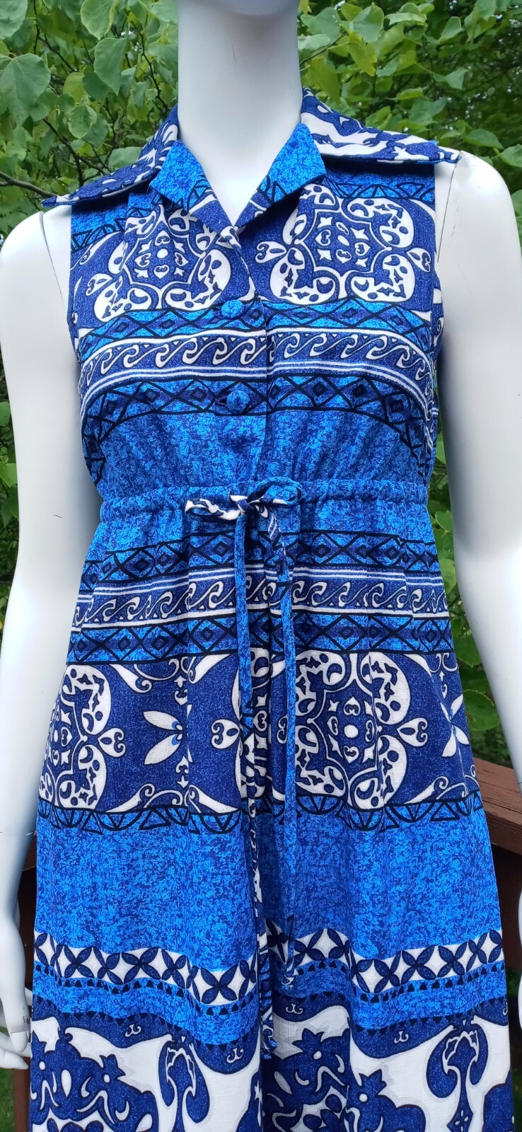 Penneys Hawaii VTG Small Barkcloth Maxi Dress Blue Tropical Sleeveless Collared