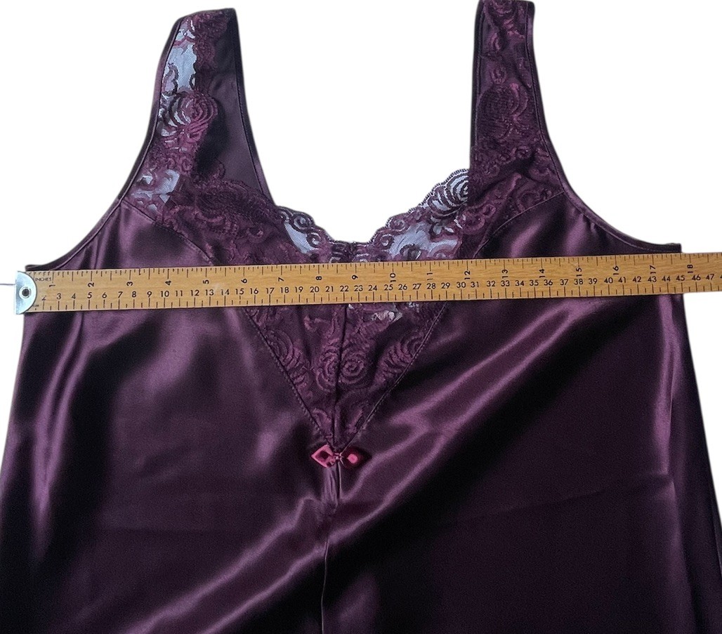 Vintage Burgundy Wine Satin Romper Slip TEDDY Lingerie Lace Snap Crotch Sz Sm