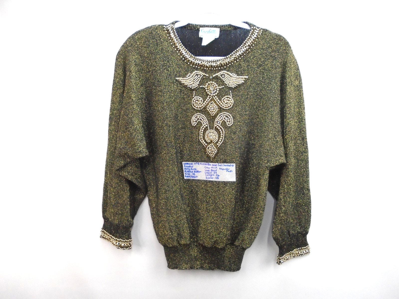 Vintage Kroshetta gold beaded wool foil sweater Womens Size 38 Made in Hong Kong