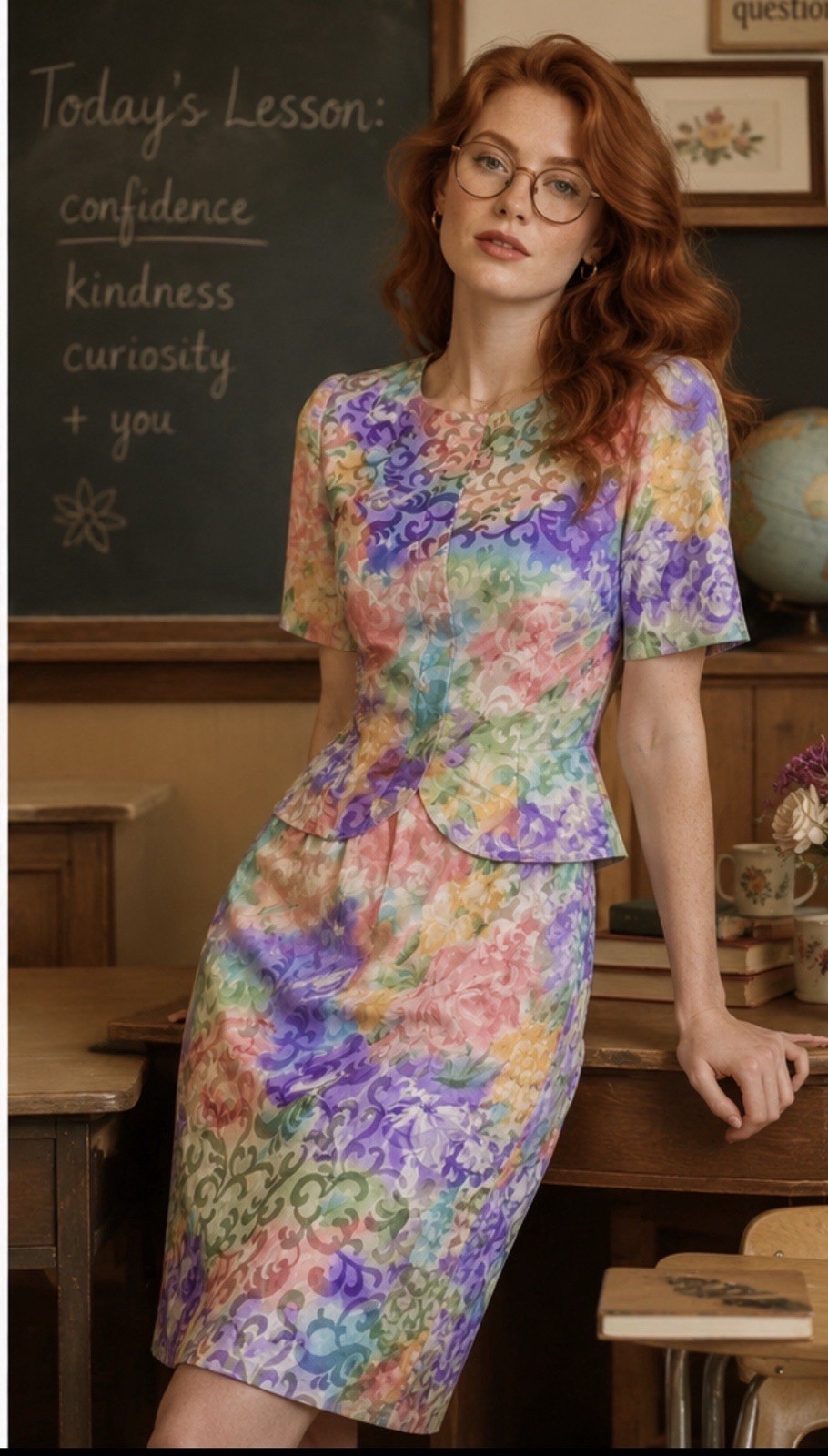 Vintage Two-Piece Suit Skirt Set Colorful Size 10 Brocade 100% Silk Modest Woman