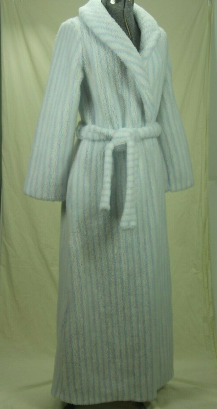 Vintage 80s Borg Plush Robe Small Deep Pile Fleece White Pastel Stripe Fluffy