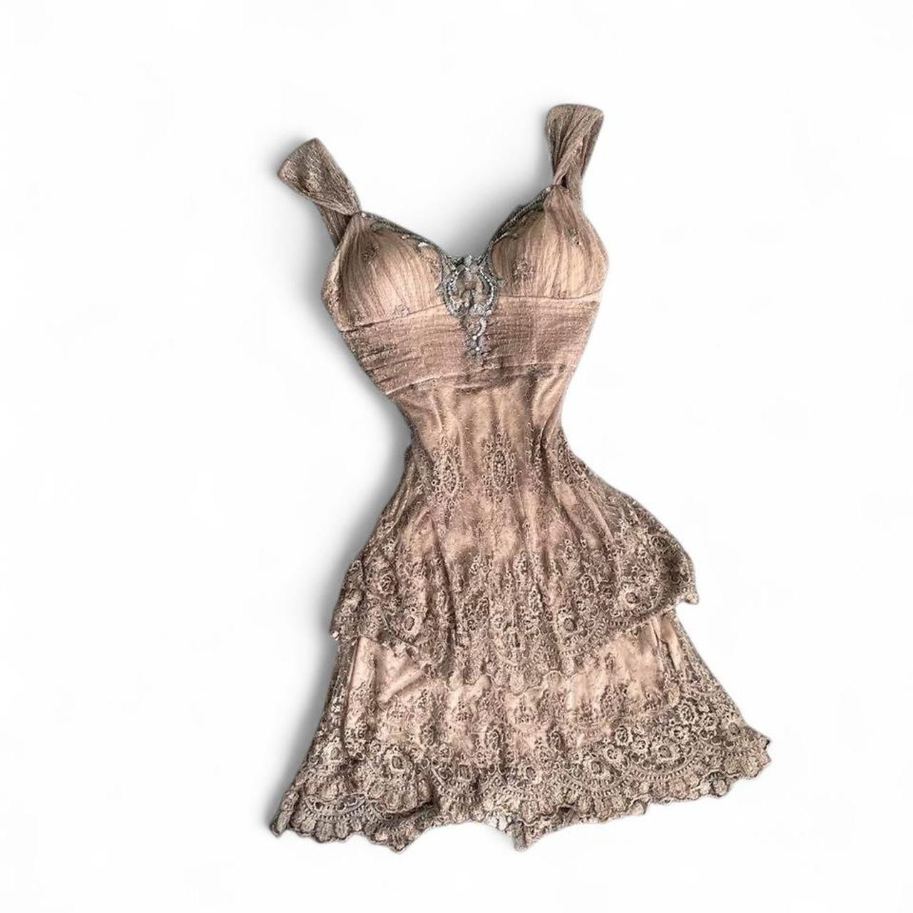 Vintage Euro Nina Austin Brown Beaded Lace Open Back Midi dress Sz S