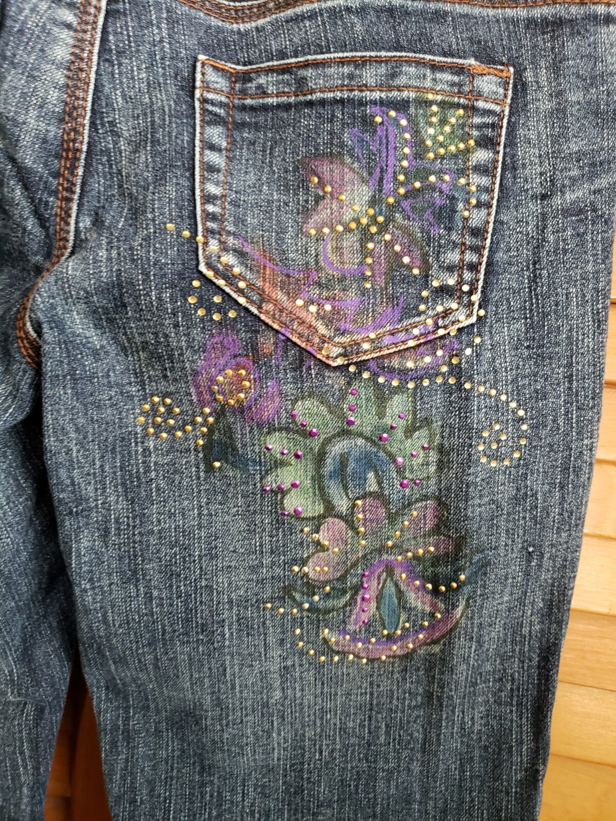 Juniors JouJou Embellished Flower Rhinestone Flare Jeans Y2K Scarf Belt Sz 7/8