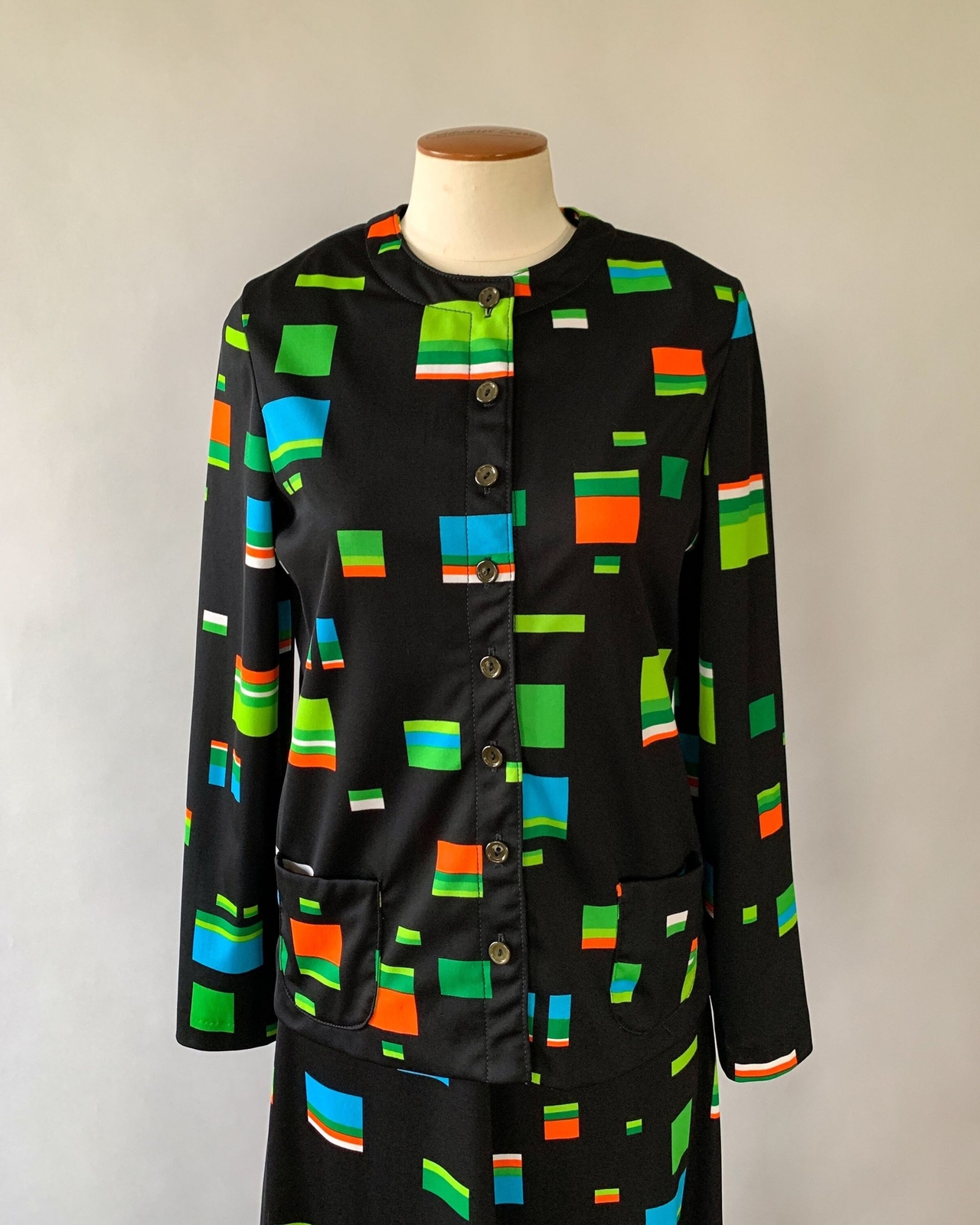 Vintage 1970s Black Green Multi Geometric Sleeveless Maxi Dress Jacket Set S M