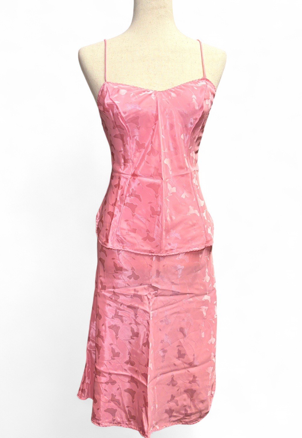 Vtg Deena 36/Med 2 Piece Cami Skirt Slip Set Pink Botanical Lace Trim Coquette
