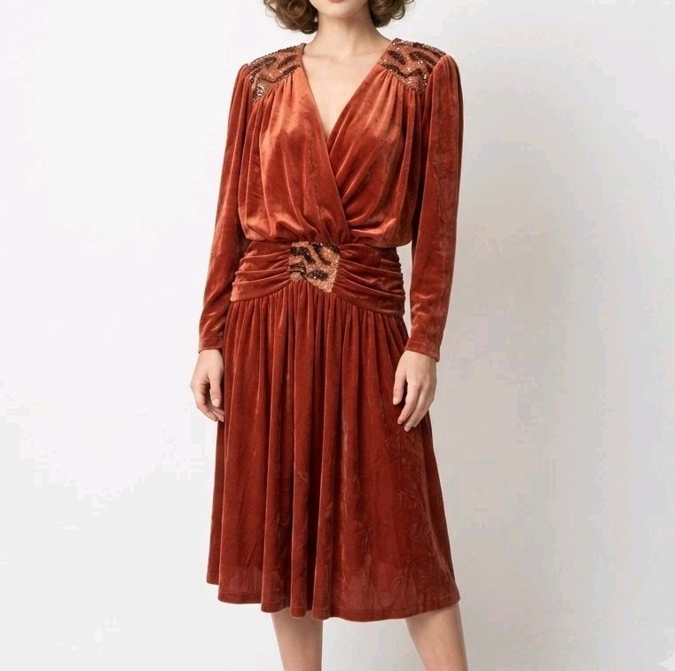 Vintage 80s Rust Velvet Dress 10 Beaded Disco Studio 54 Draped Rare John Charles