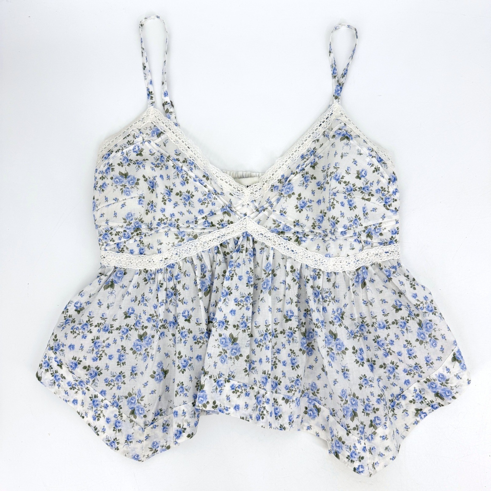 Hollister Blue Floral Babydoll Lace Trim Cami Top Sz M Handkerchief Hem Fairy
