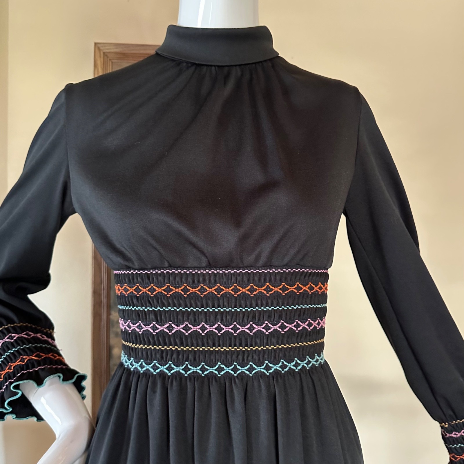 Vintage 1970s Mod Shady Lane Rainbow Smocked Waist Long Sleeve Mini Day Dress S