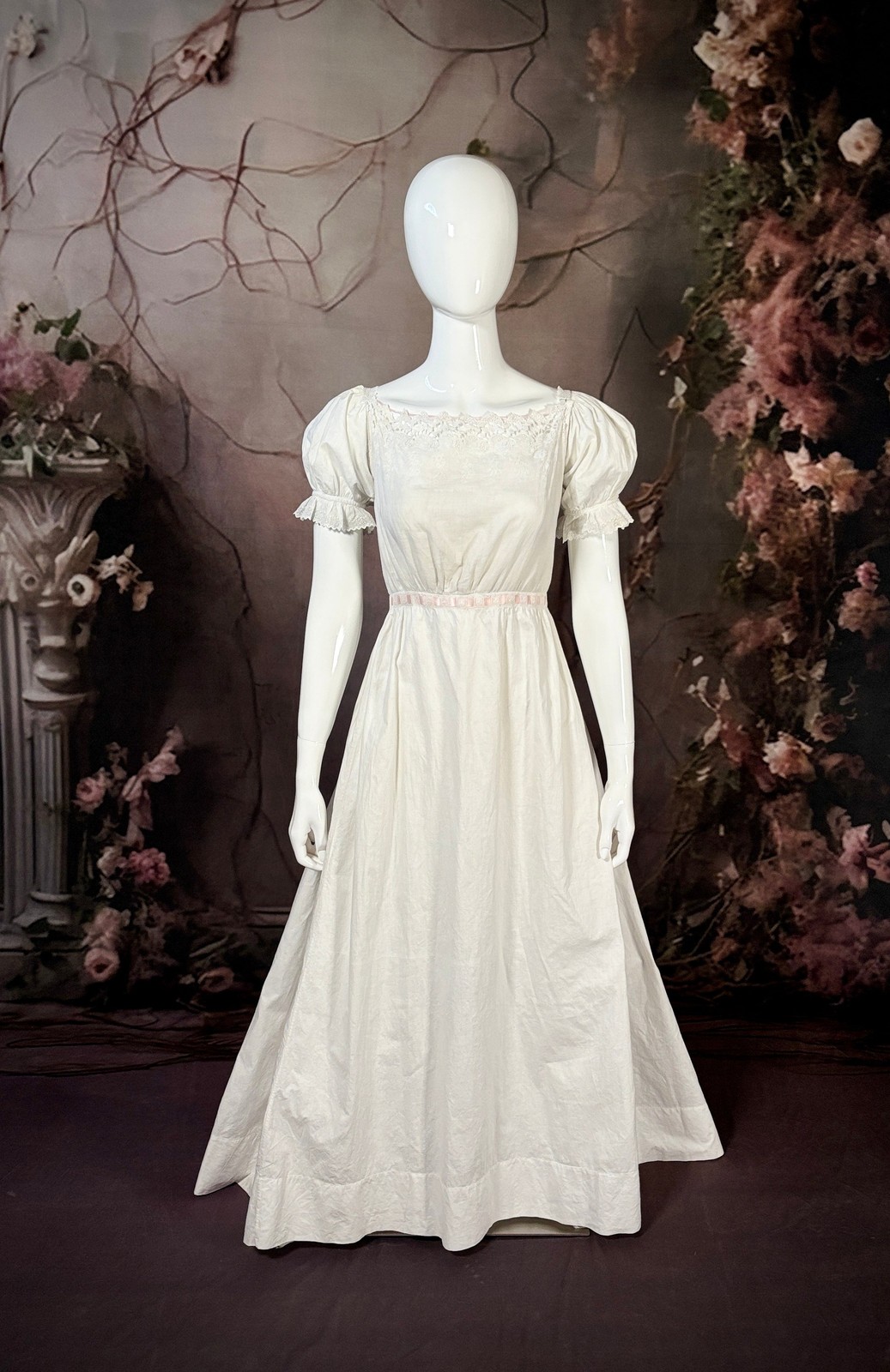 1850s Cotton Batiste Slip Dress Puff Sleeves Pink Silk Ribbon & Brush Train 2/4