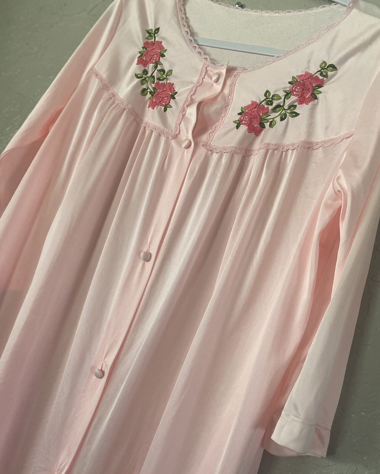 Vintage Lorraine Nightgown Size Large PINK ICE Floral Embroidered Silky Sleep