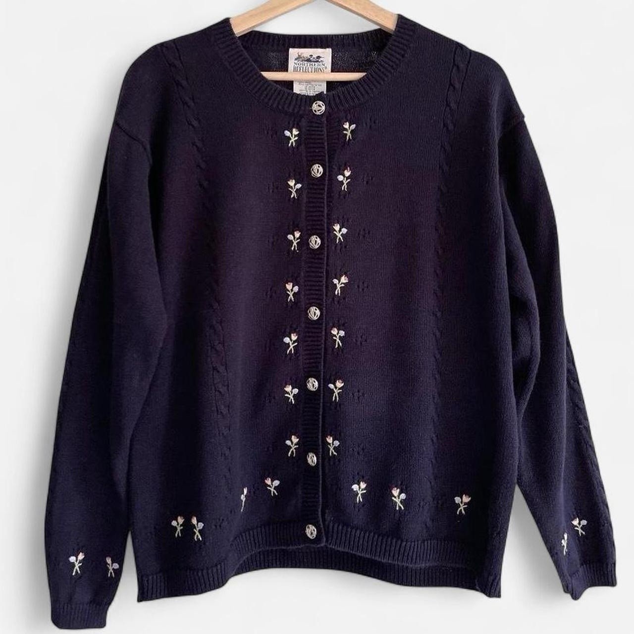Vintage Northern Reflections Navy Blue Knit Pink Embroidered Flowers Cardigan