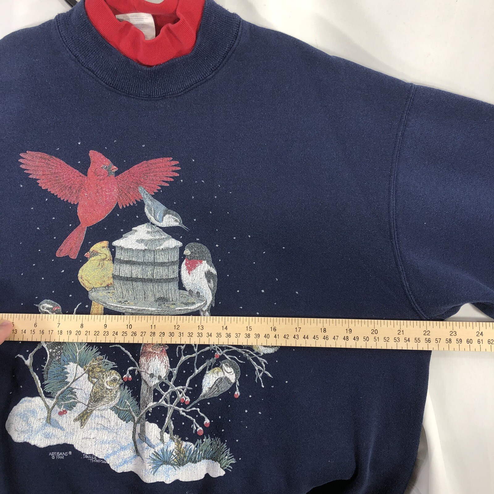 Vintage Cardinal Bird Feeder Winter Sweatshirt Layered Neck USA Made Large 90s