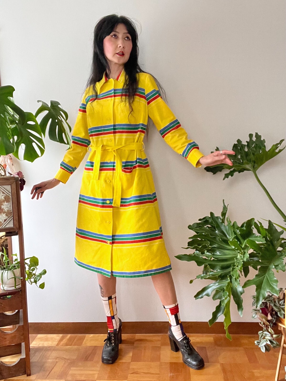 1974 Marimekko Anti by Pentti Rinta Primary Colors Stripe Dress S/M MOD Pop Art