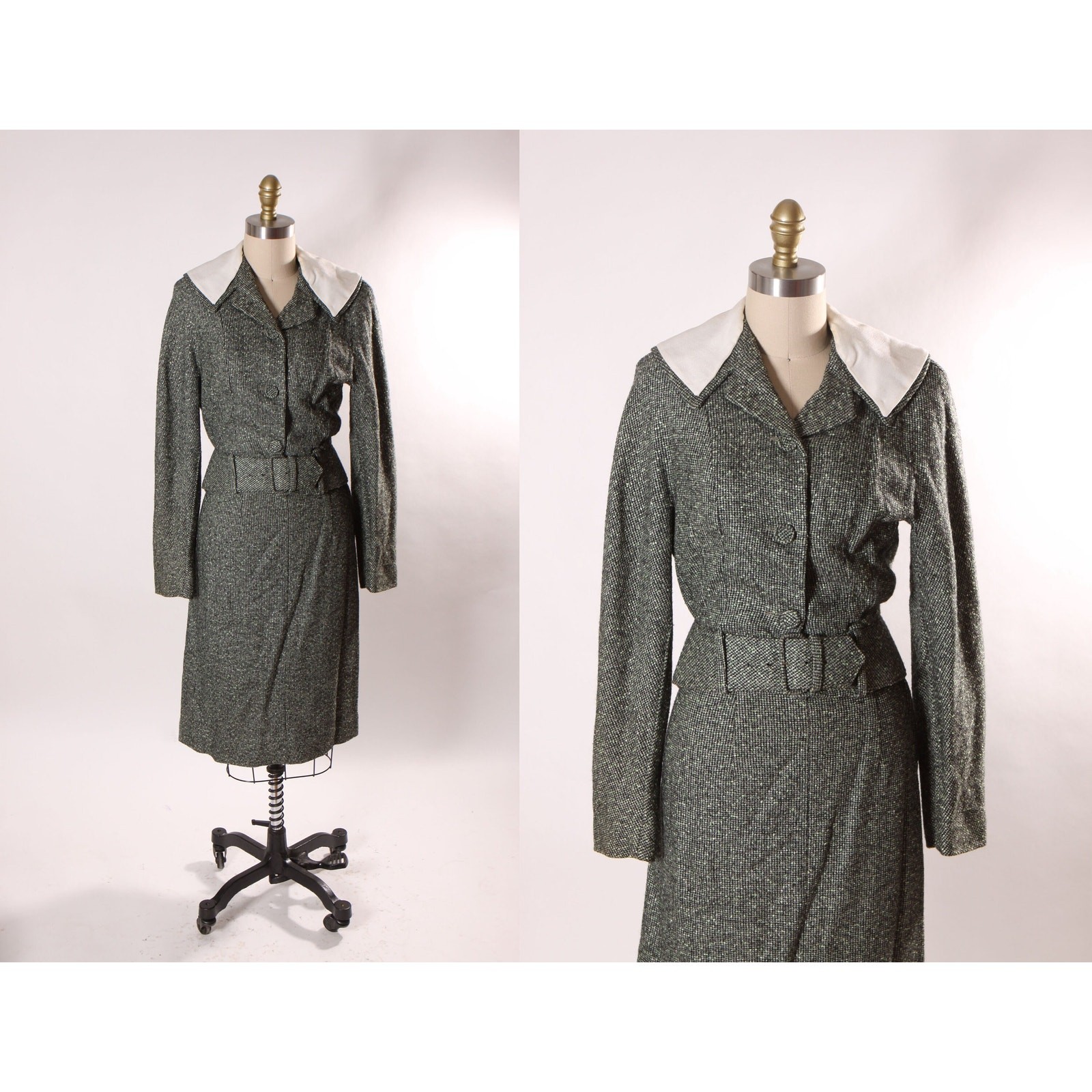 1940s Gray Green White Jacket with Matching Skirt Two Piece Suit by Winston