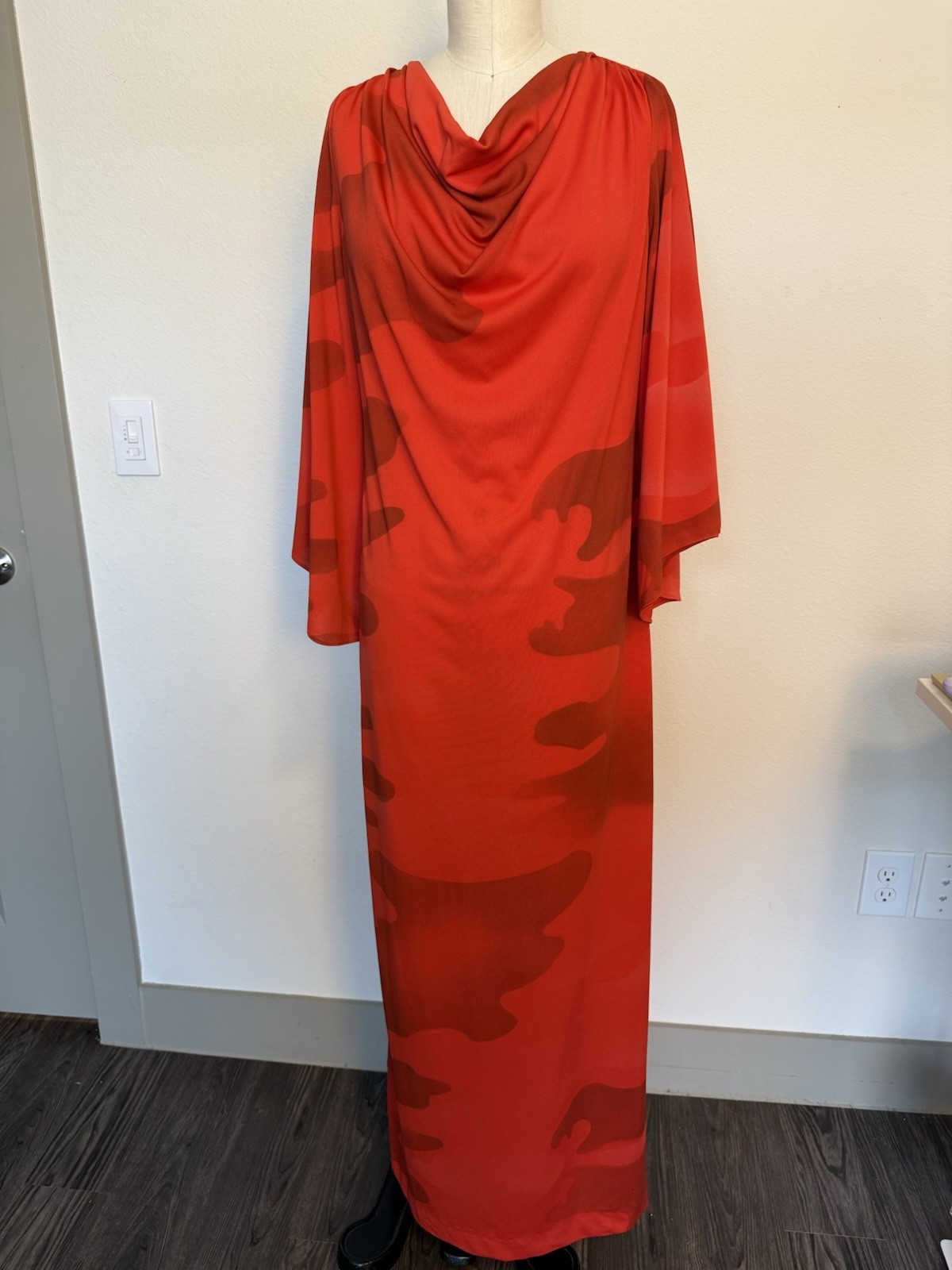70s Solo San Francisco Red Watercolor Print Maxi Dress, Bell Sleeves, Size 13/14
