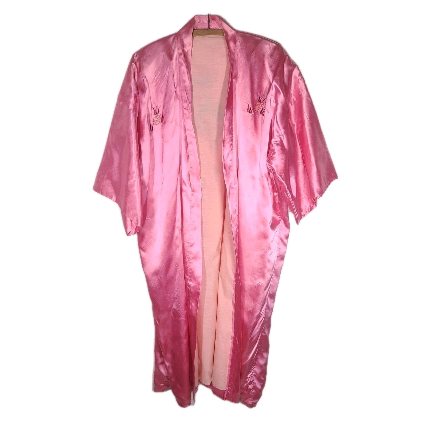 Vintage Pink Dragon Robe Satin Full Length Hand Embroidery Lined Unisex Large