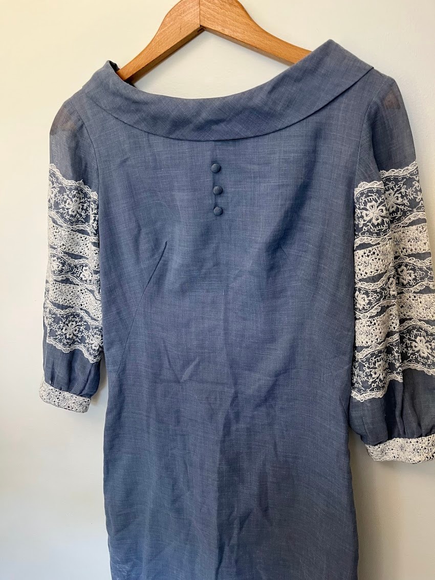Vintage Jonathan Logan Blue Prairie Mini Dress Lace Boho Cottagecore XS/S