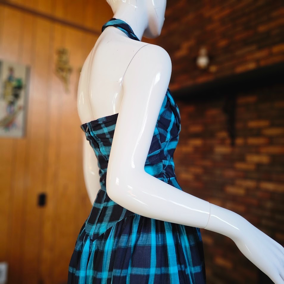 Vtg 1950s Shelf Bust Halter Windowpane Plaid Rockabilly Sundress Day Dress XS/S