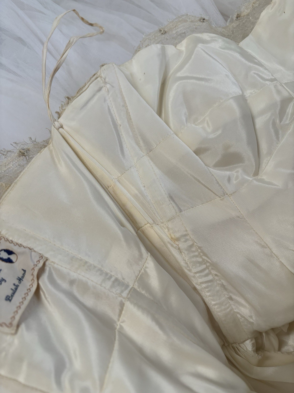 Vtg 1950s Ivory Lace Tulle Bridal Prom Dress Wedding Gown Petticoat Rhinestones