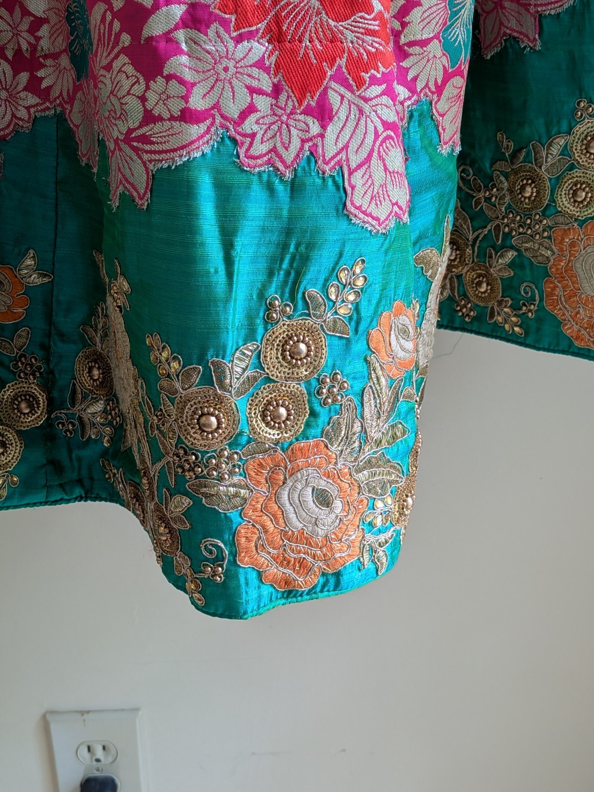 Vintage Indian Gota Patti Lehenga Skirt Pink Green Gold Embroidered Maxi Skirt