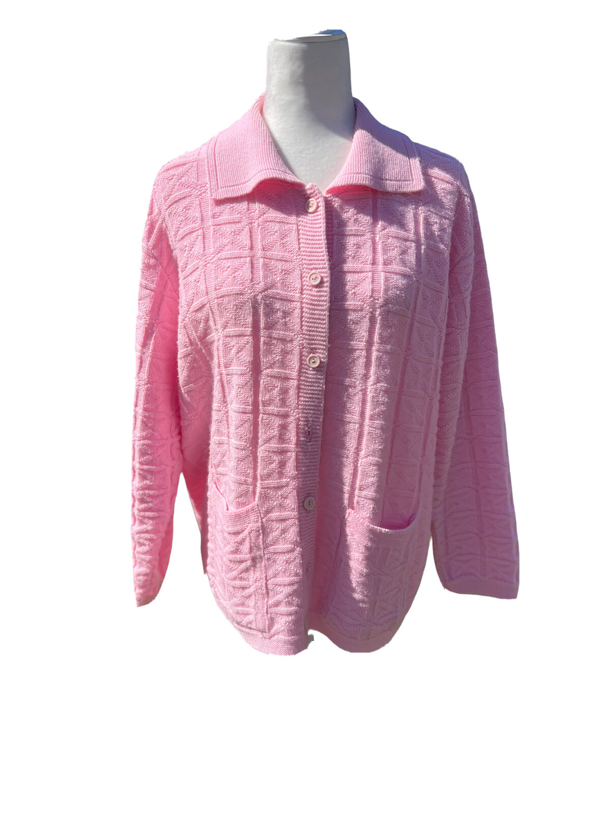 Vintage Billie Jo M Crochet Sweet Pink Long Sleeve Knit Cardigan Sweater USA