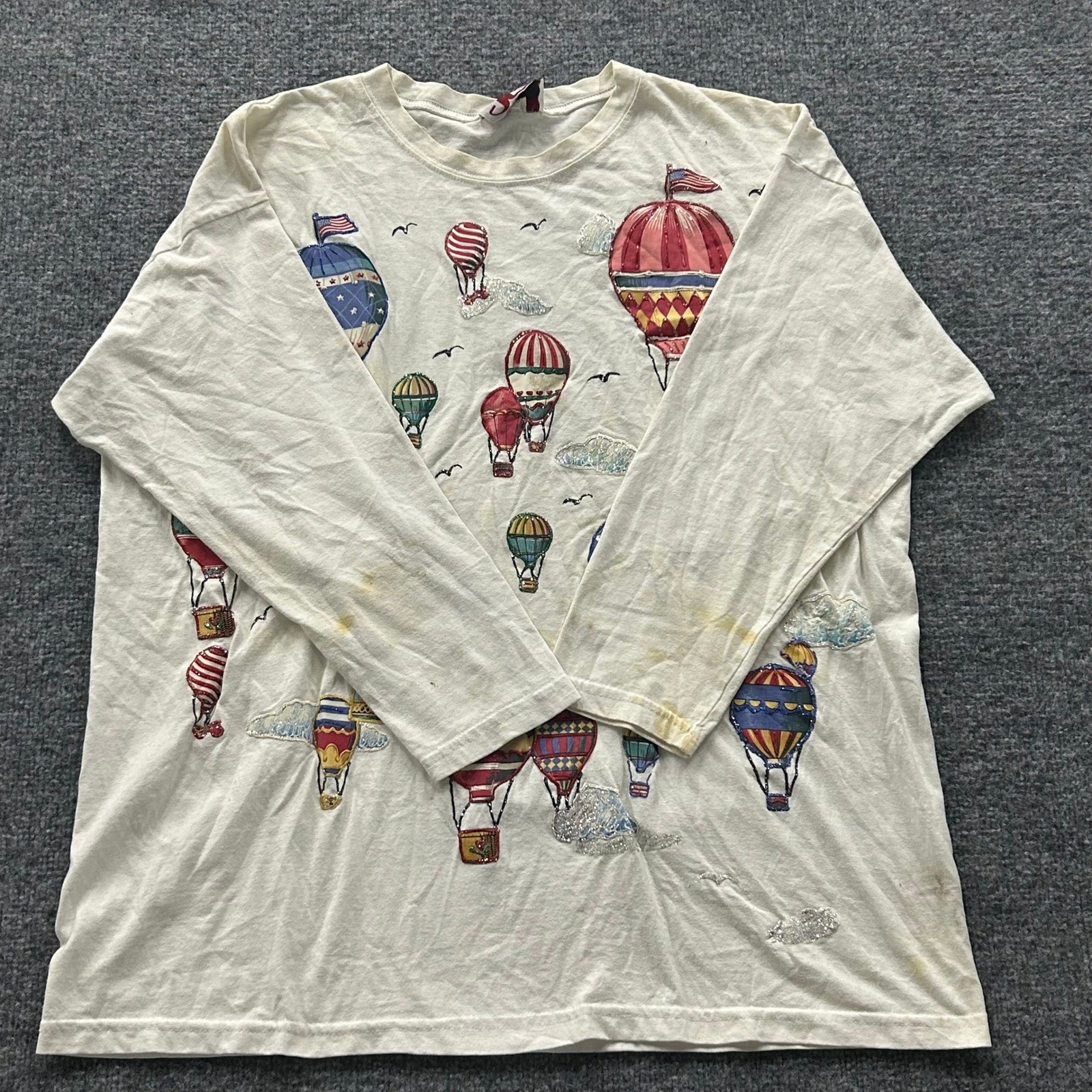 JCSloam T-Shirt Womens Size XL White Hot Air Balloon Vintage Long Sleeve USA