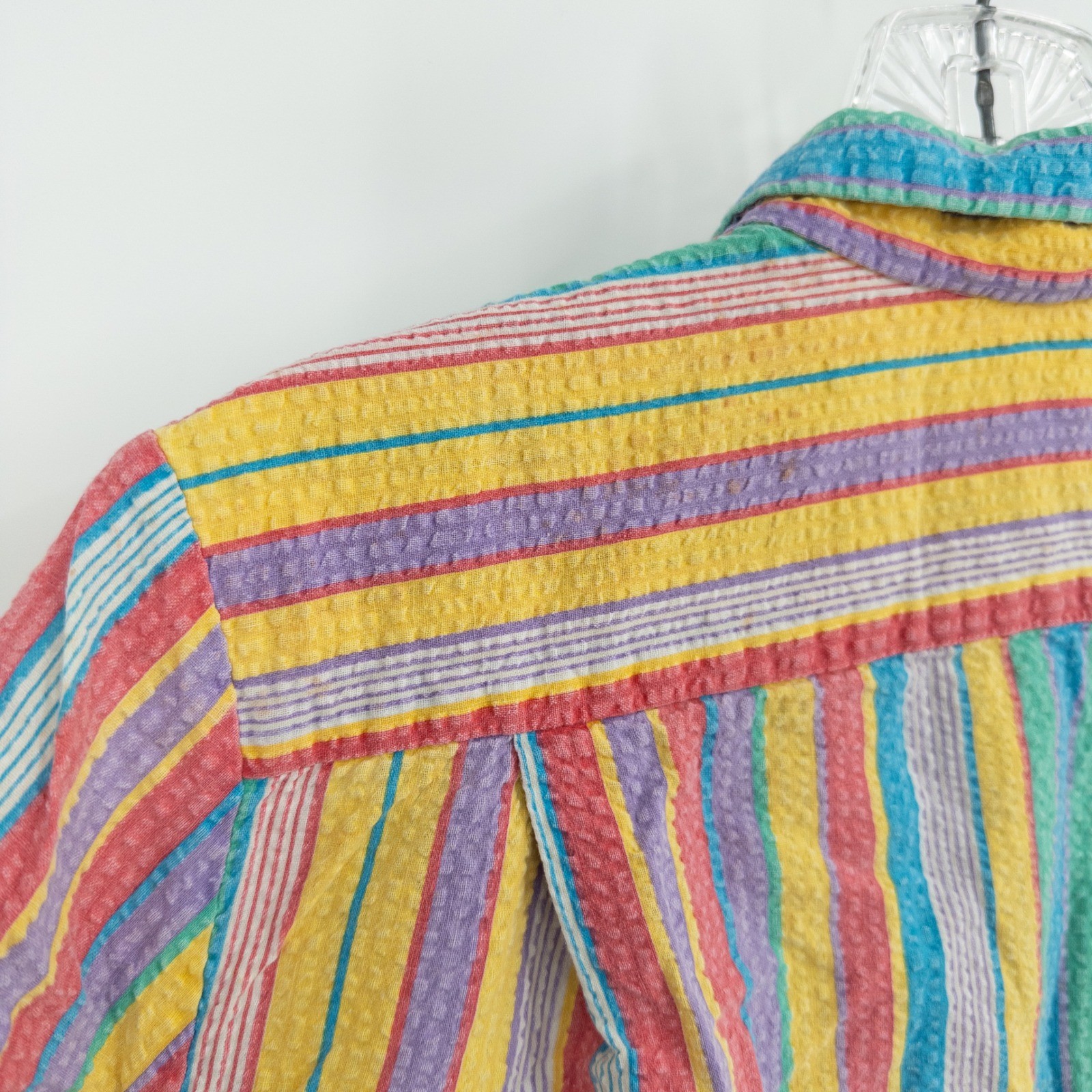 Vintage 90s Rainbow Top Womens XL Seersucker Striped Boxy Cropped Dopamine Color