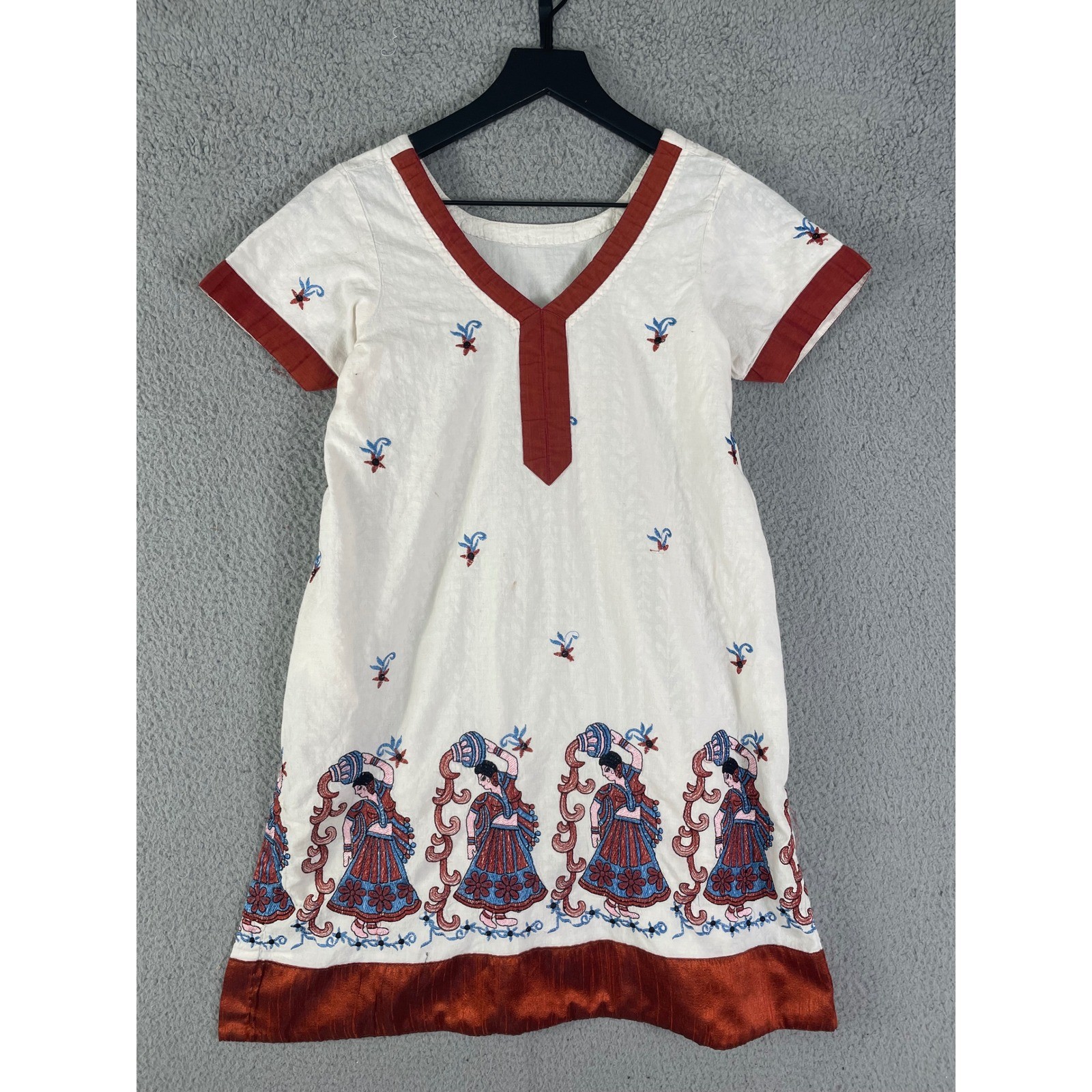 Vintage Hand Embroidered Boho Tunic Dress Cream Rust Blue V Neck Cottagecore