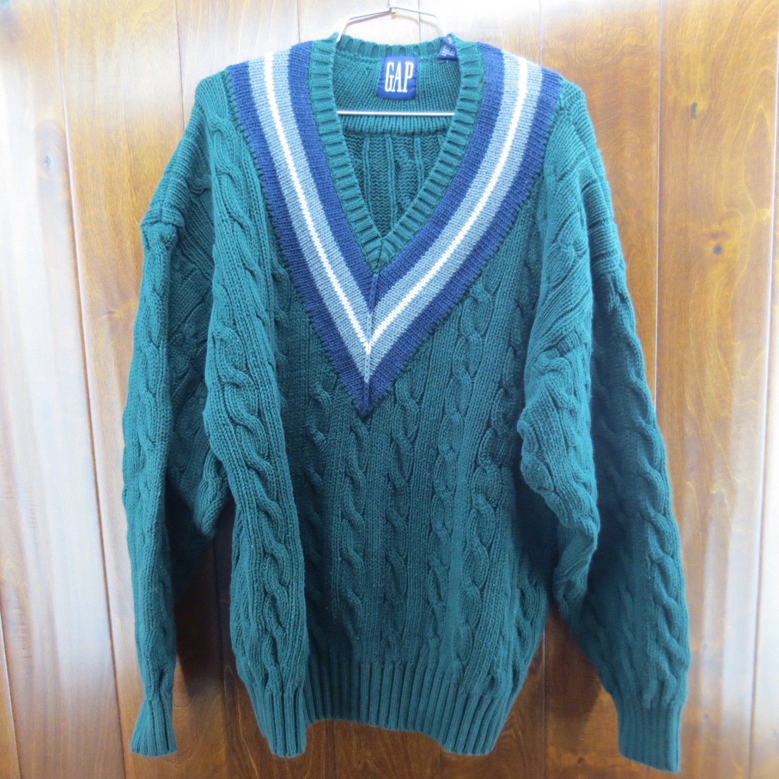 Vintage GAP 90s Chunky Cable Knit Heavy Sweater Blue Gray Green V Neck Size XL