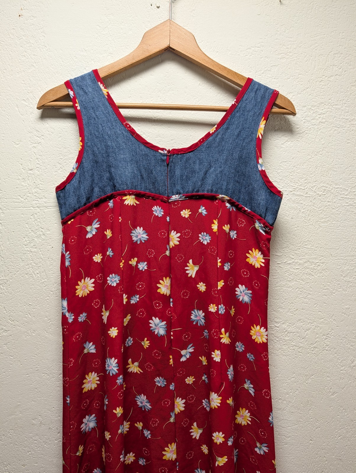 Women’s Vintage 90s Mixed Media Maxi Dress Red Floral Denim Sz 8 Grunge Western