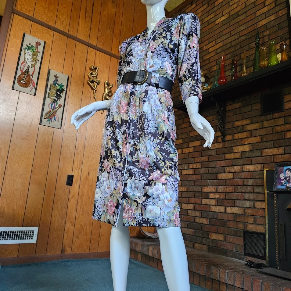 Vtg 80s Romantic Photo Impressionist Floral Surplice Belted Wiggle Day Dress M/L