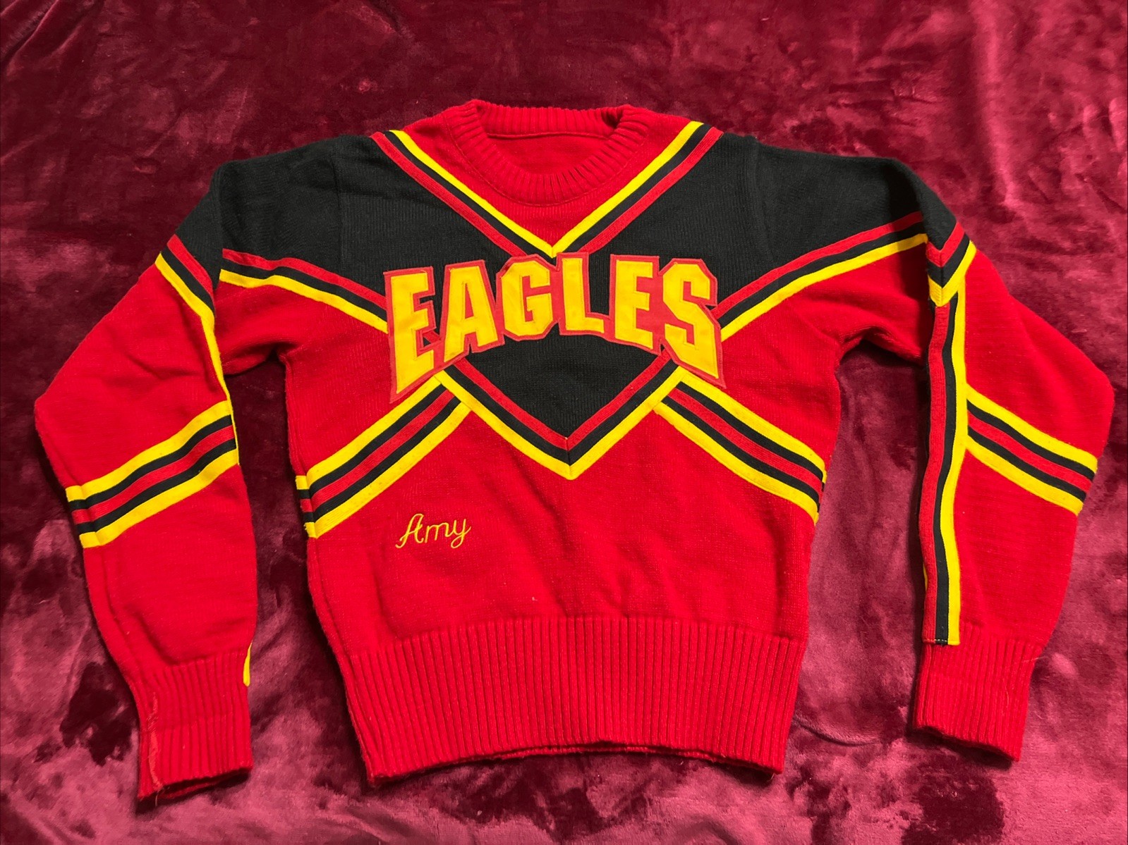 Vintage 80s Cheerleader Knit Sweater Red Black Gold Striped USA Made Medium