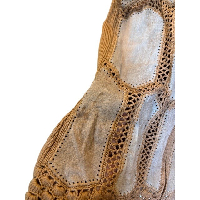 Vintage Rochelle California Leather Patchwork Crochet Zip Vest Tan Women’s M