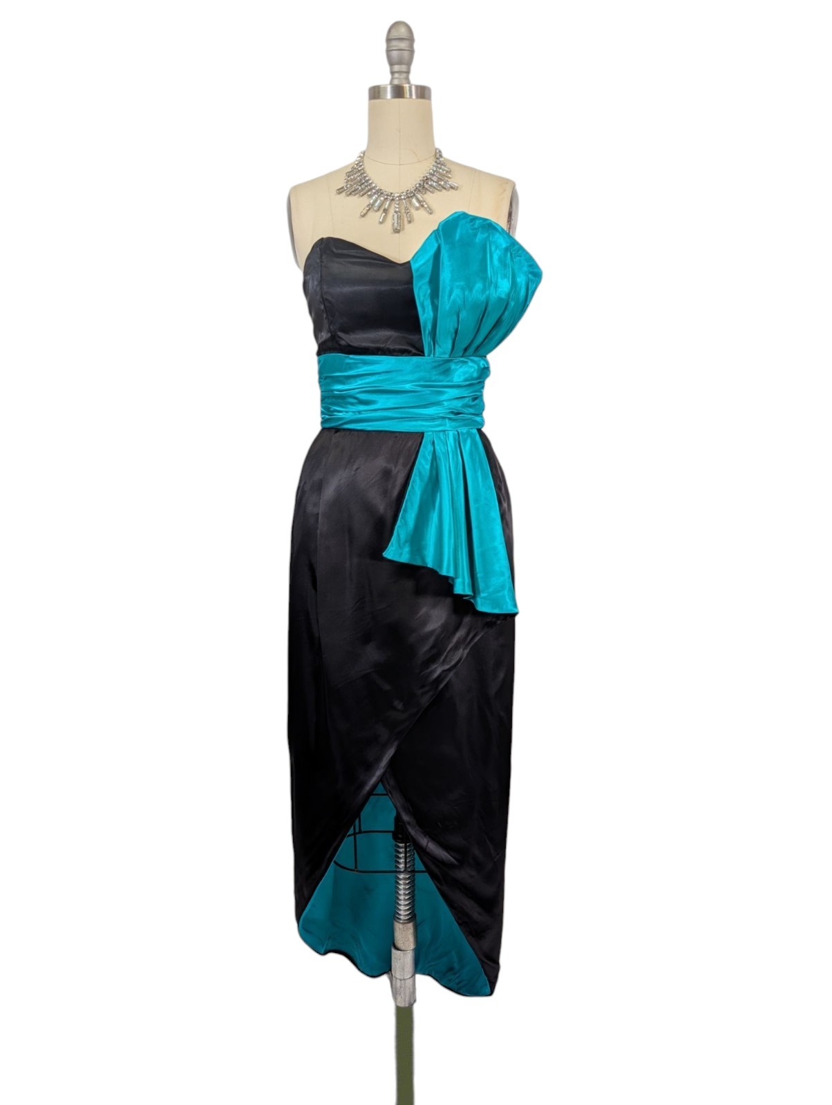 Vtg 80s Prom Dress XS Black Teal Strapless Avant Garde Maxi Glam Satin Hi Low