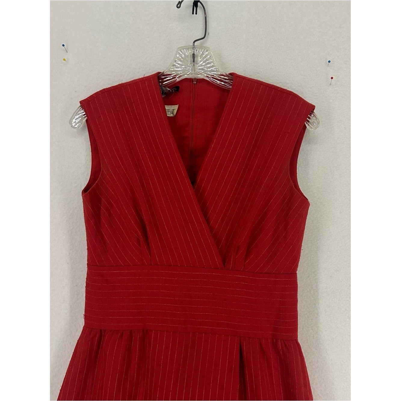 Vintage DW3 Red Pinstripe Wrap Sheath Midi Dress Women’s Size Small