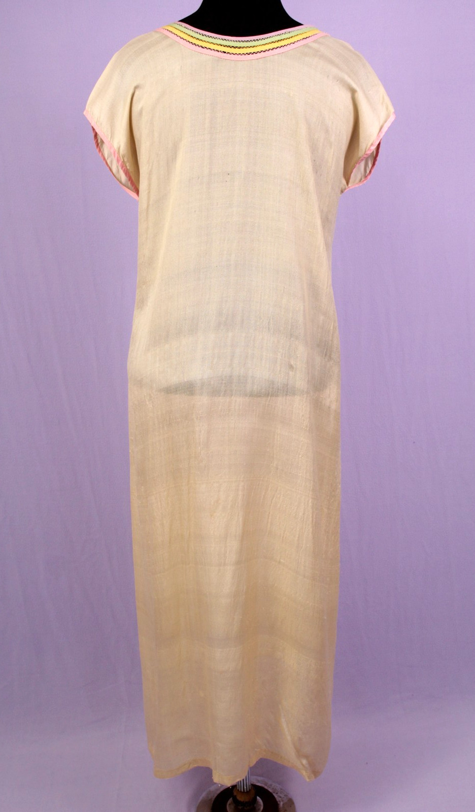 VTG Women’s 20s Peach Silk Slip Dress W/ Rainbow Trim Collar M/L 1920s Nightgown