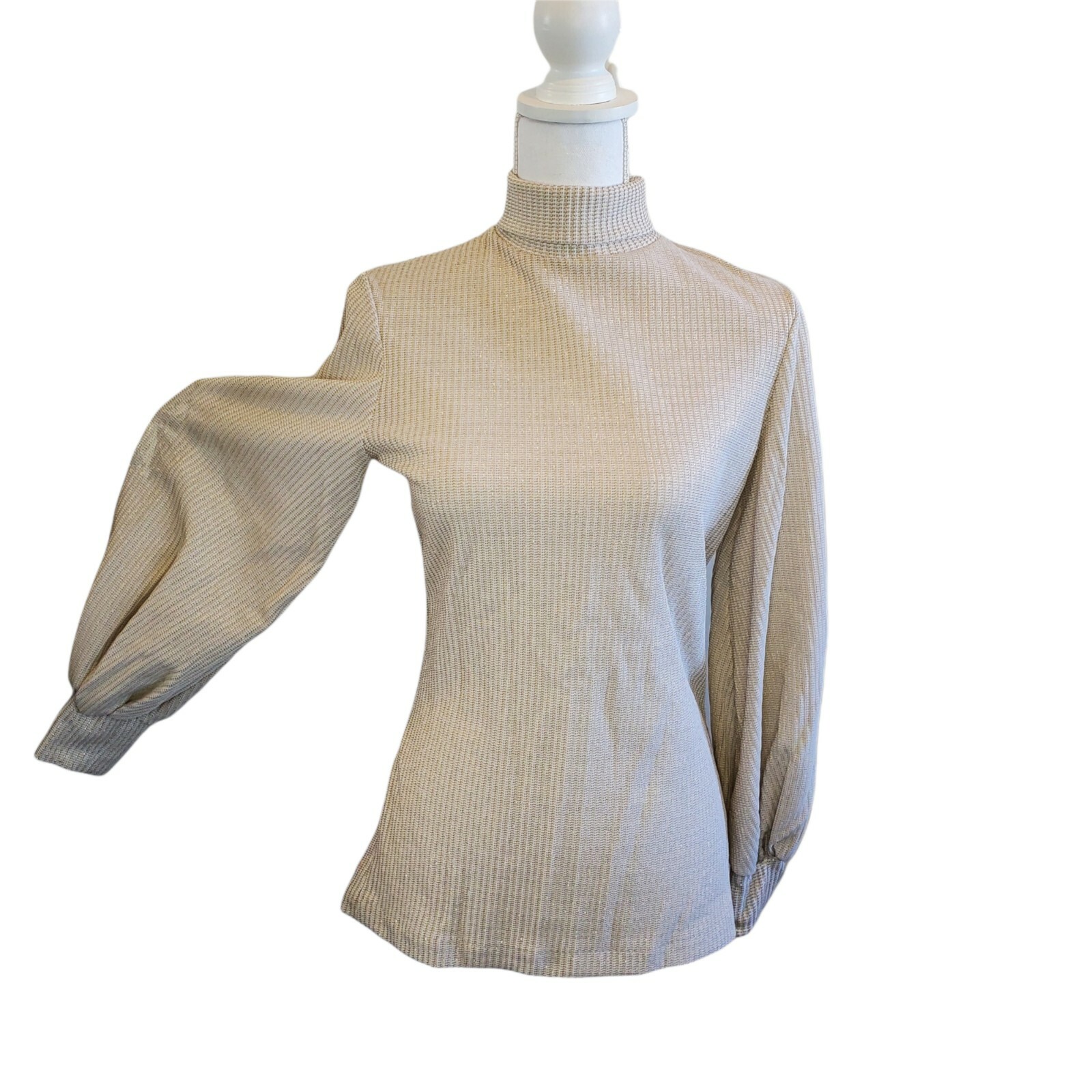 Neutral Beige Gold Metallic Sparklw Ribbed Turtleneck Vintage 80s Chic S/M