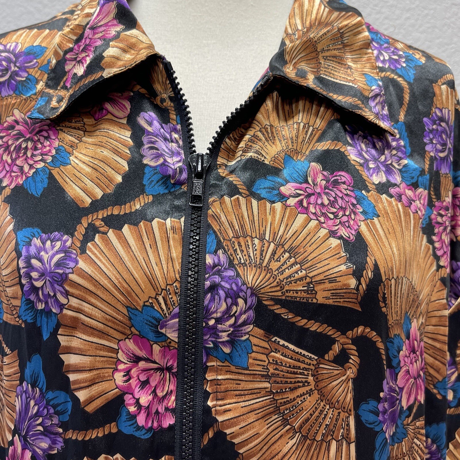 Jordan II Womens Vintage Silky Jacket Asian Inspired Fans Gold Purple Blue