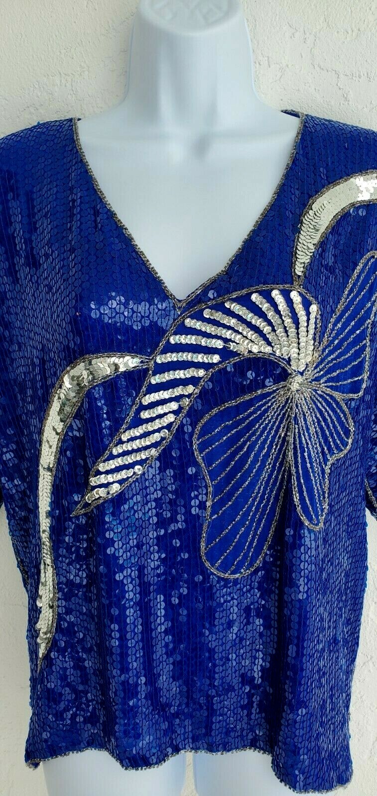 Vintage JEAN For JOSEPH LE BON Women’s Dressy Silk Top Blue & Silver Sequins M
