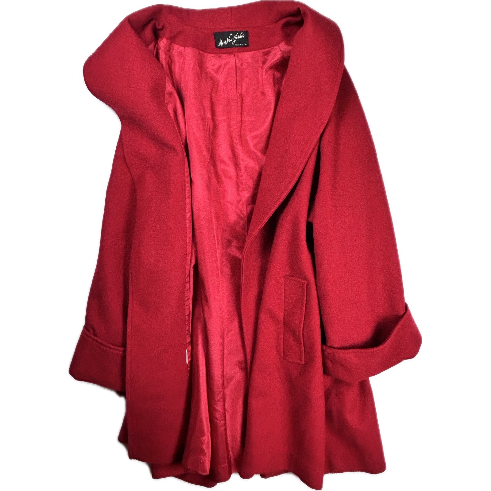 Miss New Yorker Vintage Red Wool Blend Shawl Collar Open Front Coat Made in USA