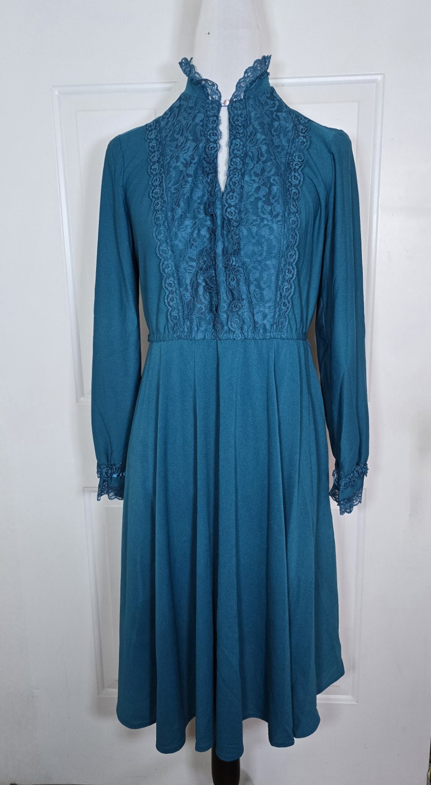 Vintage Jane Baar New York Blue Teal Long Sleeve Lace Dress Women’s Size 12