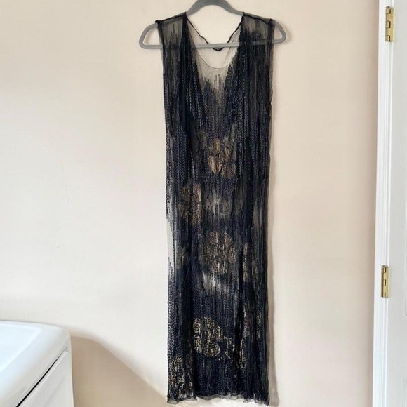 Art Deco Beaded Lame Floral Shift Dress Overlay 1920s sheer net jet bead antique