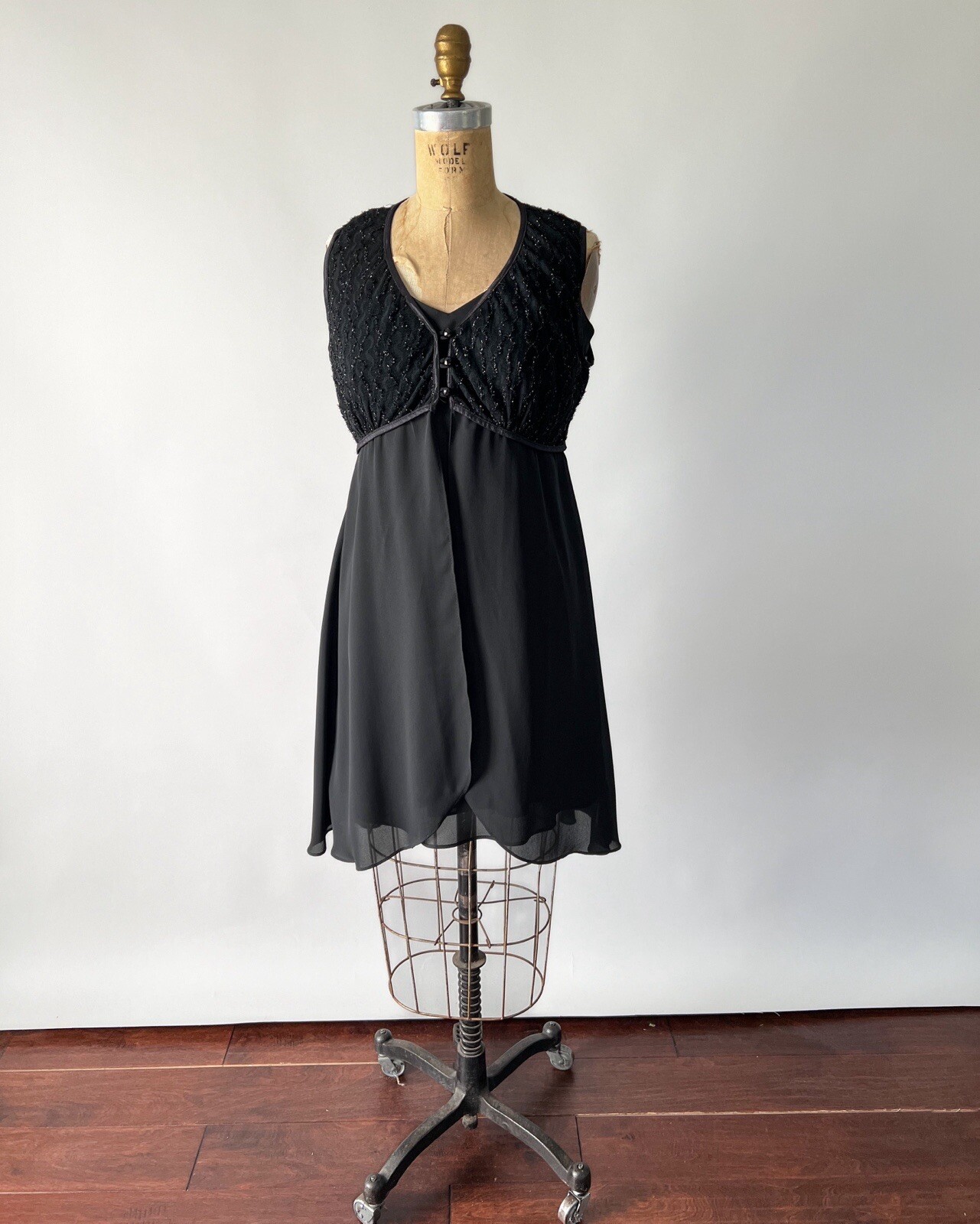 Vintage 1990s Black Chiffon Lace Babydoll Mini Slip Dress Sheer Overlay Sz M