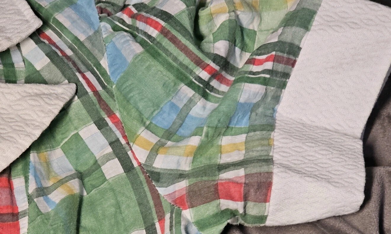 VTG Sears Fashions Shortsleeve Blouse Plaid Pastel Green Collared Cotton 70s 14