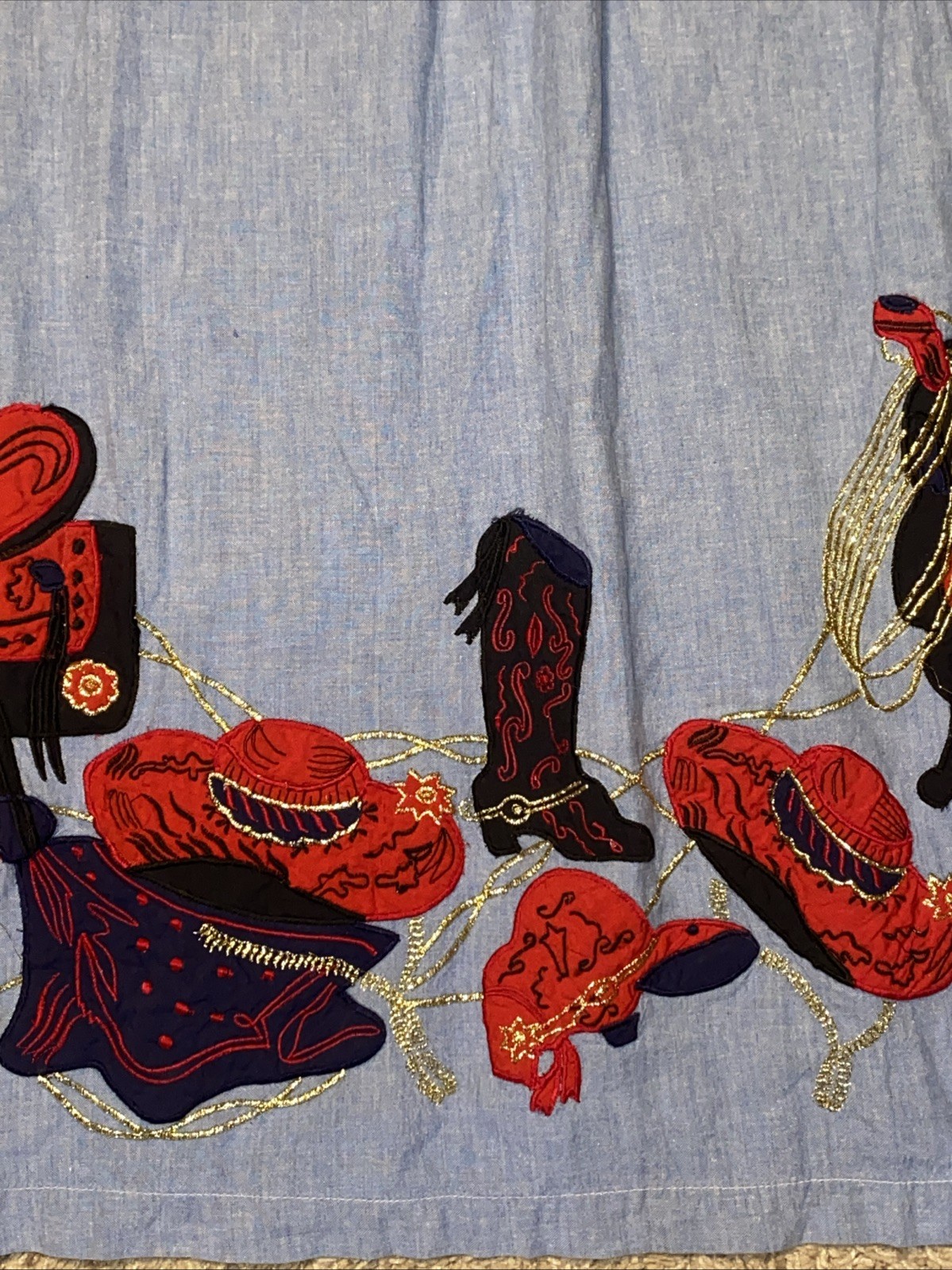 Women’s Vintage 90s Blue Western Cowgirl Embroidered Dress Size Lg Red Hat Boots