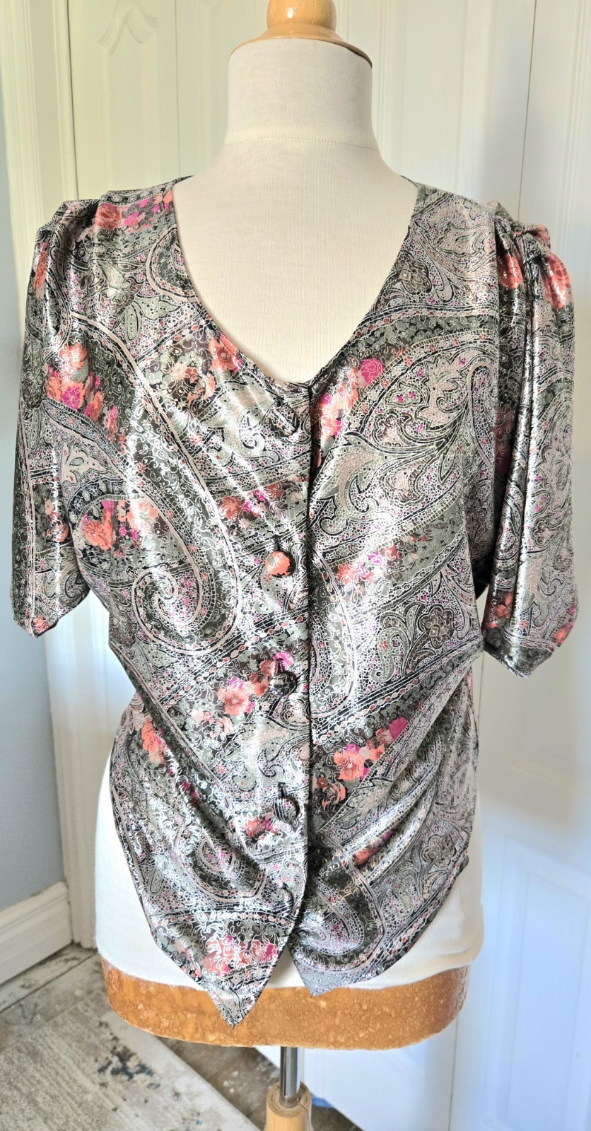 Hot Stuff 1980s Metallic Paisley Button Front Shirt Medium Retro Vintage
