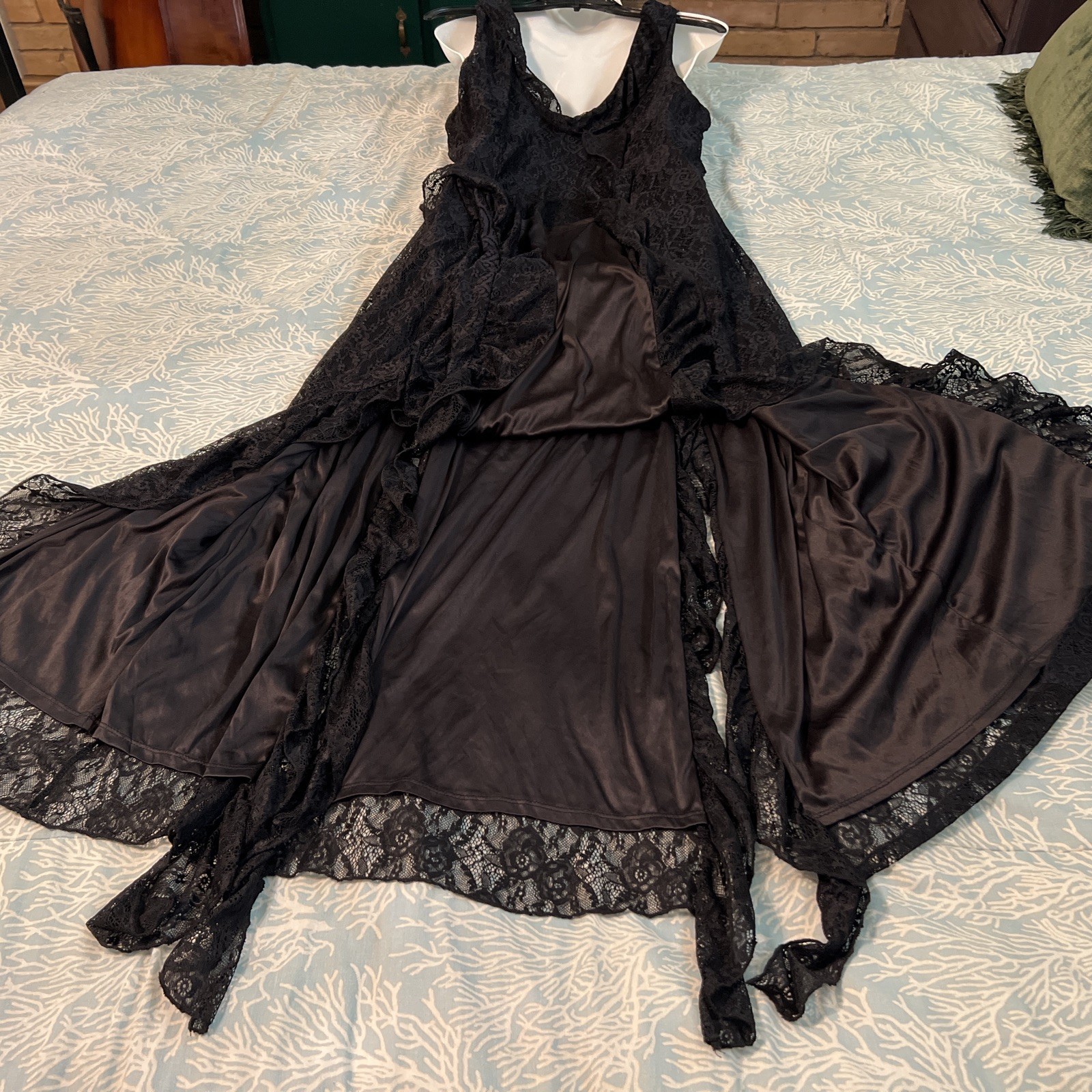 Black Lace Maxi Slip Dress Flowy Goth Sheer Layer Witchy Halloween