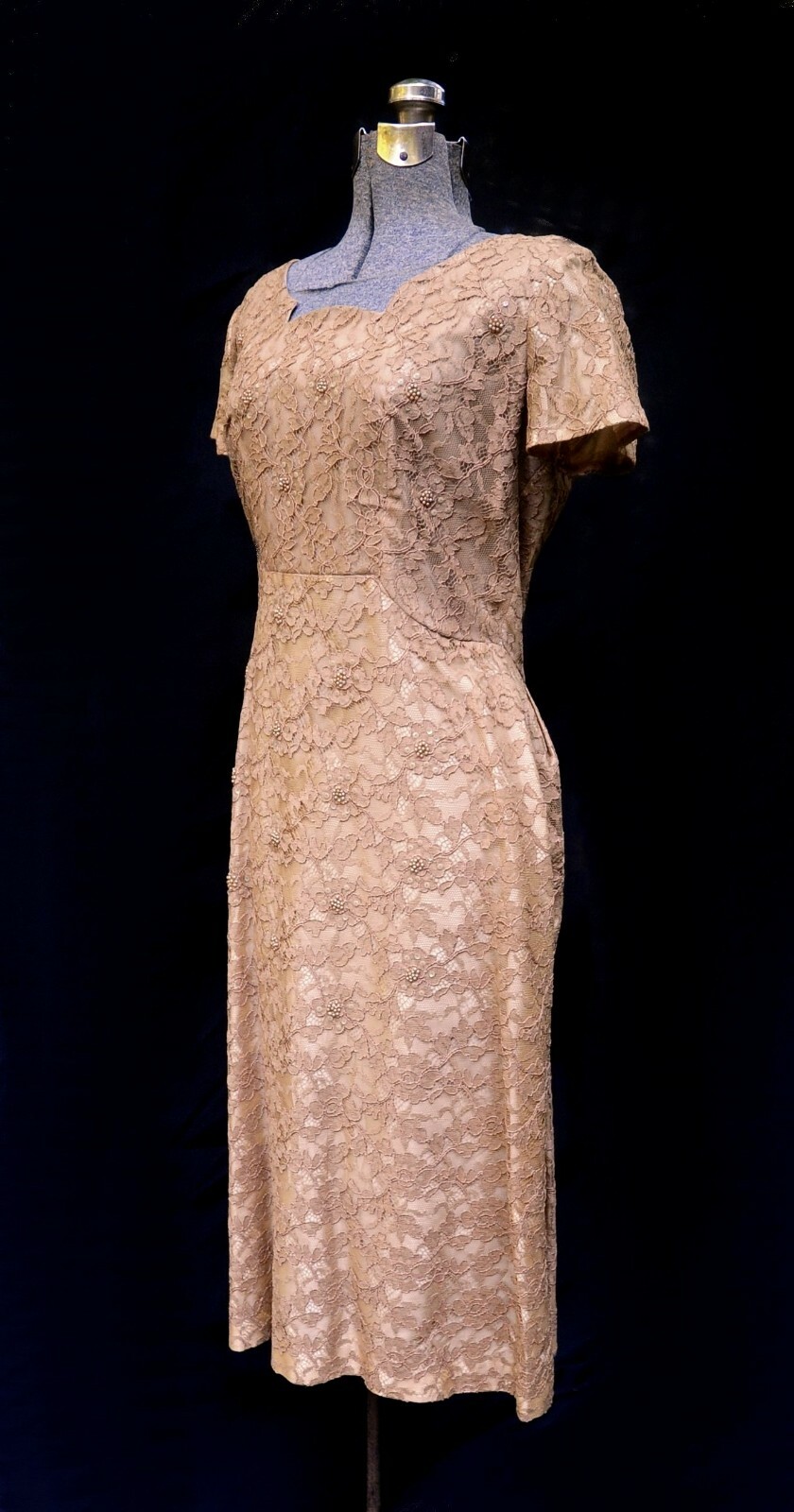 VTG 50s 60s Normal Original Sable Lace & Taffeta Party Prom Dress S/M Beading